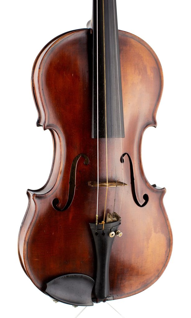 A violin by Ernest J. Saunders, London, 1920 — angled view, 20°