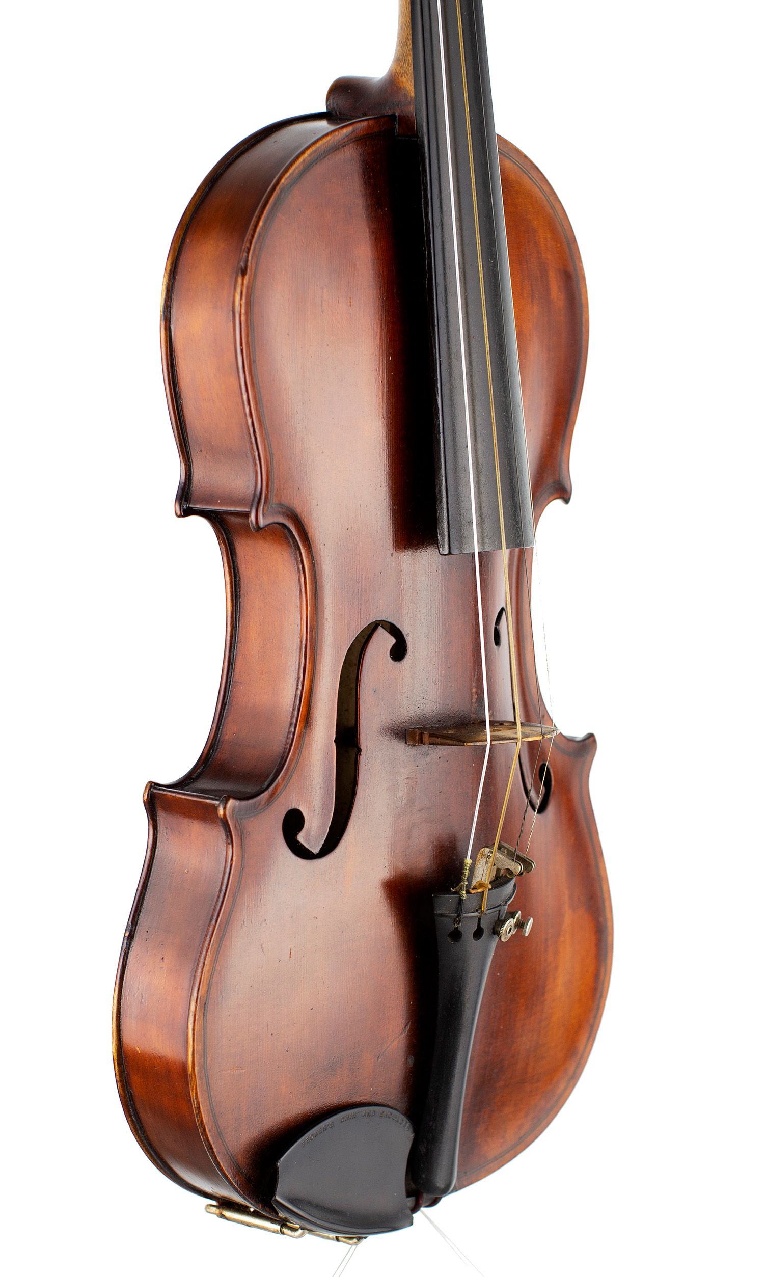 A violin by Ernest J. Saunders, London, 1920 — angled view, 50°