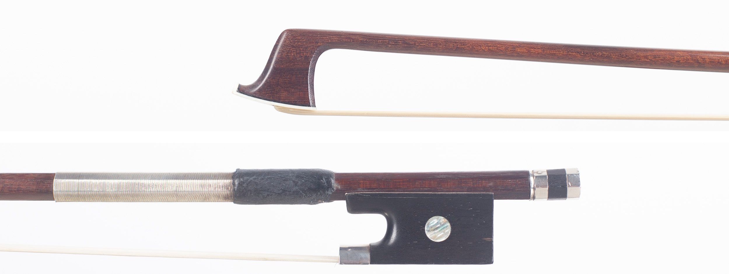 A silver-mounted violin bow by Pierre Simon, Paris — head and frog