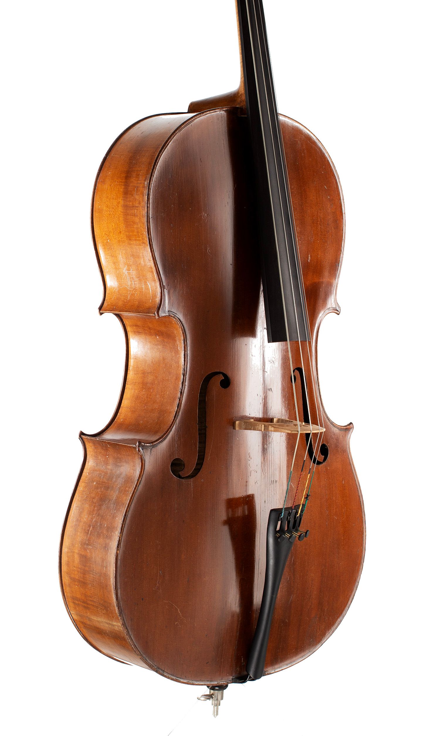 Cello by Plumerel, Mirecourt, circa 1850 — angled view, 40°