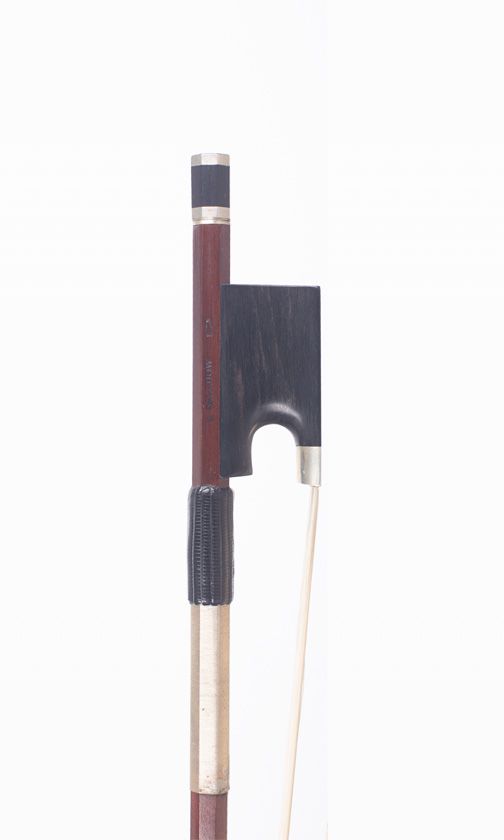 A nickel-mounted cello bow by Stephen Salchow, Oberlin — frog detail