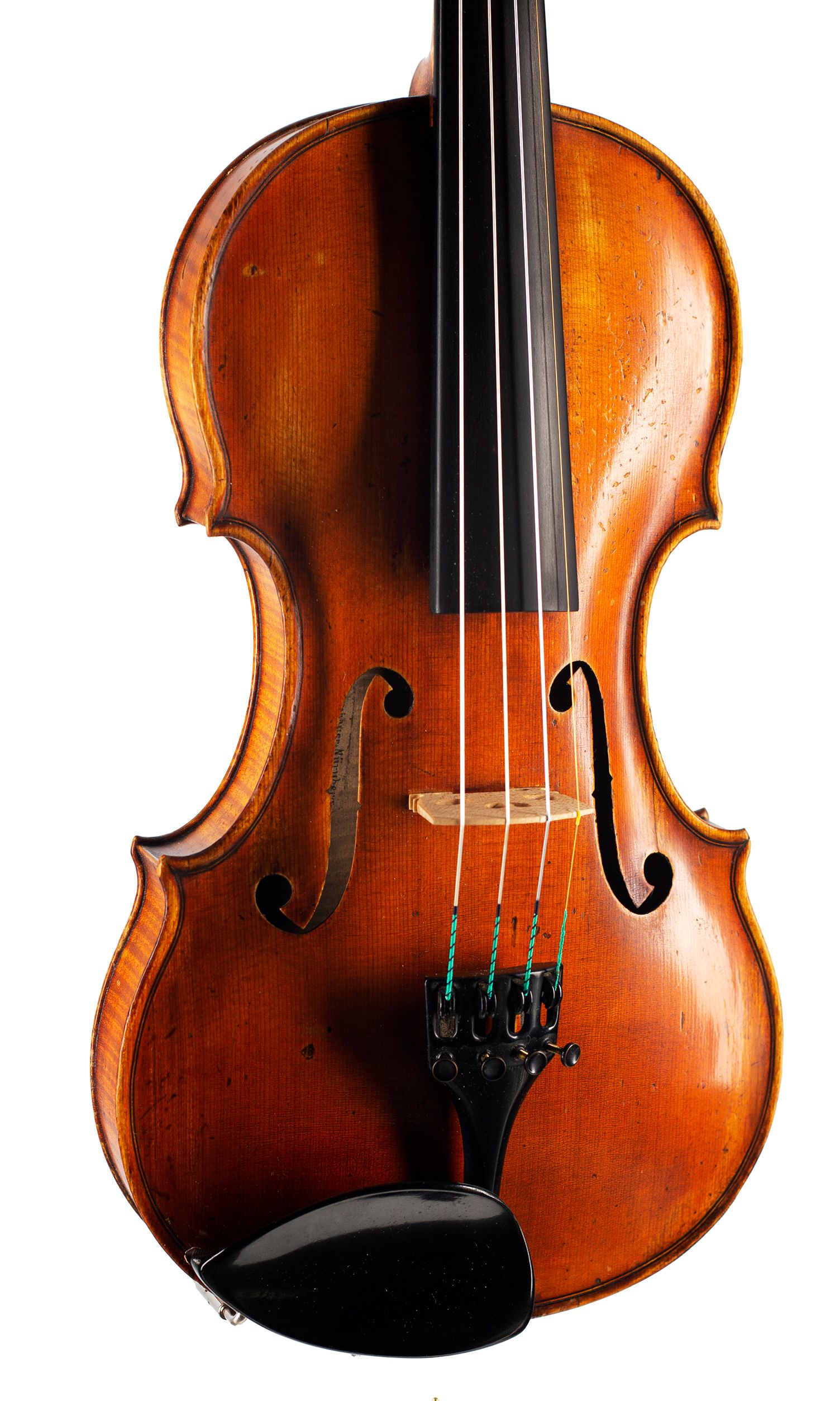 Violin by Heinrich Lang, Nürnberg, 1928 — angled view, 20°