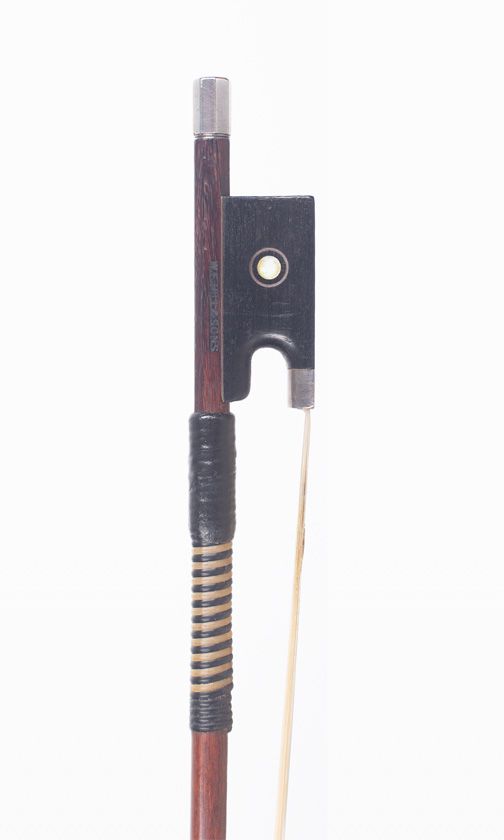 A silver-mounted violin bow by W. E. Hill & Sons, London — frog detail