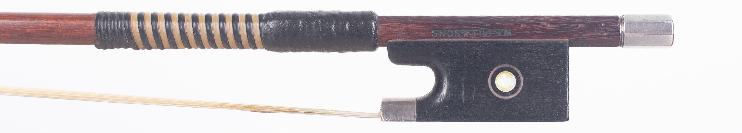A silver-mounted violin bow by W. E. Hill & Sons, London — frog