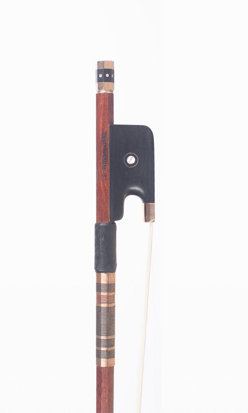A gold-mounted viola bow by Brian Tunnicliffe, Templecombe — frog detail
