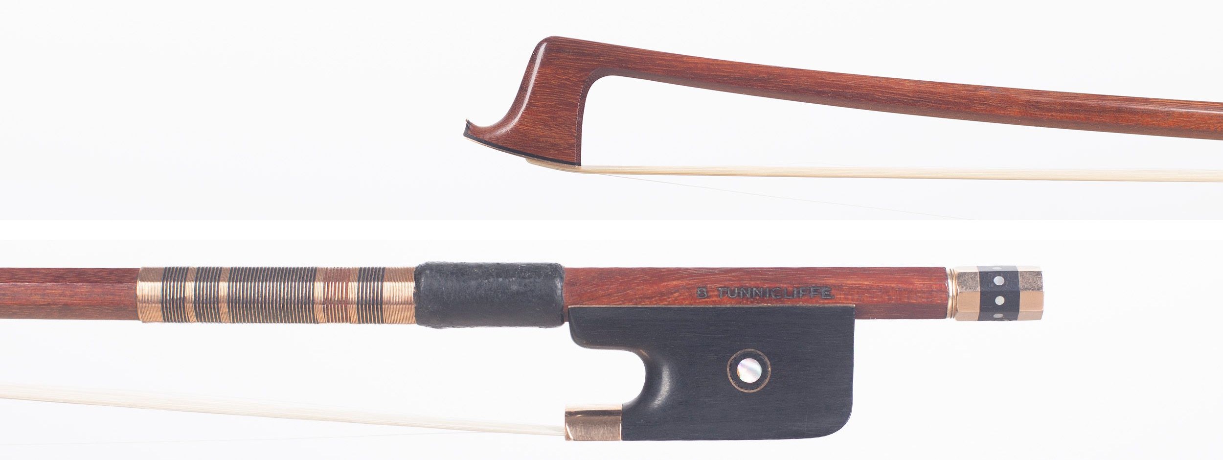 A gold-mounted viola bow by Brian Tunnicliffe, Templecombe — head and frog