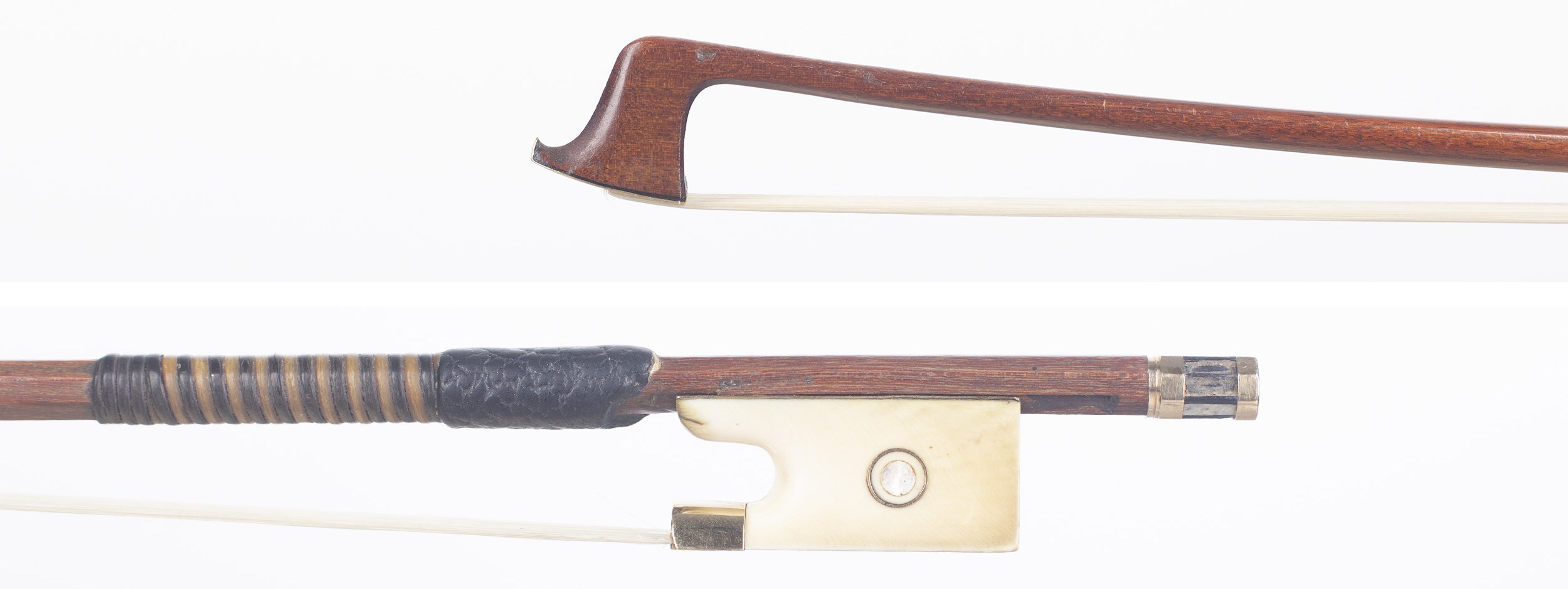 A gold and ivory mounted violin bow by Louis Morizot (freres), Mirecourt — head and frog