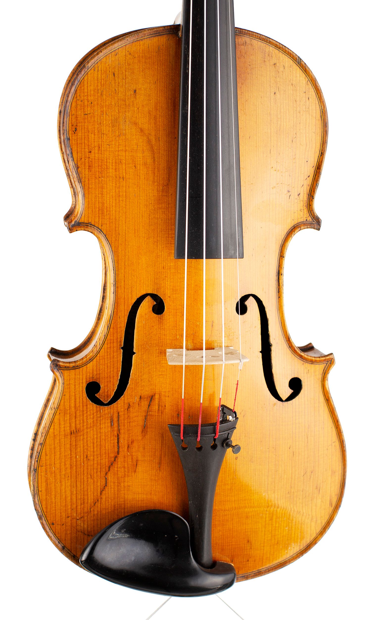 Violin, Workshop of Lowendall, Berlin, circa 1890 — angled view, 10°