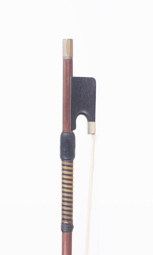 A nickel-mounted violin bow by Hermann Fiedler, Dresden — frog detail