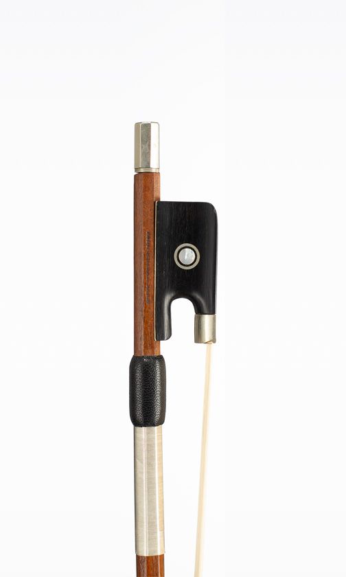 A nickel-mounted cello bow by Georges Barjonnet, France, circa 1955 — frog detail