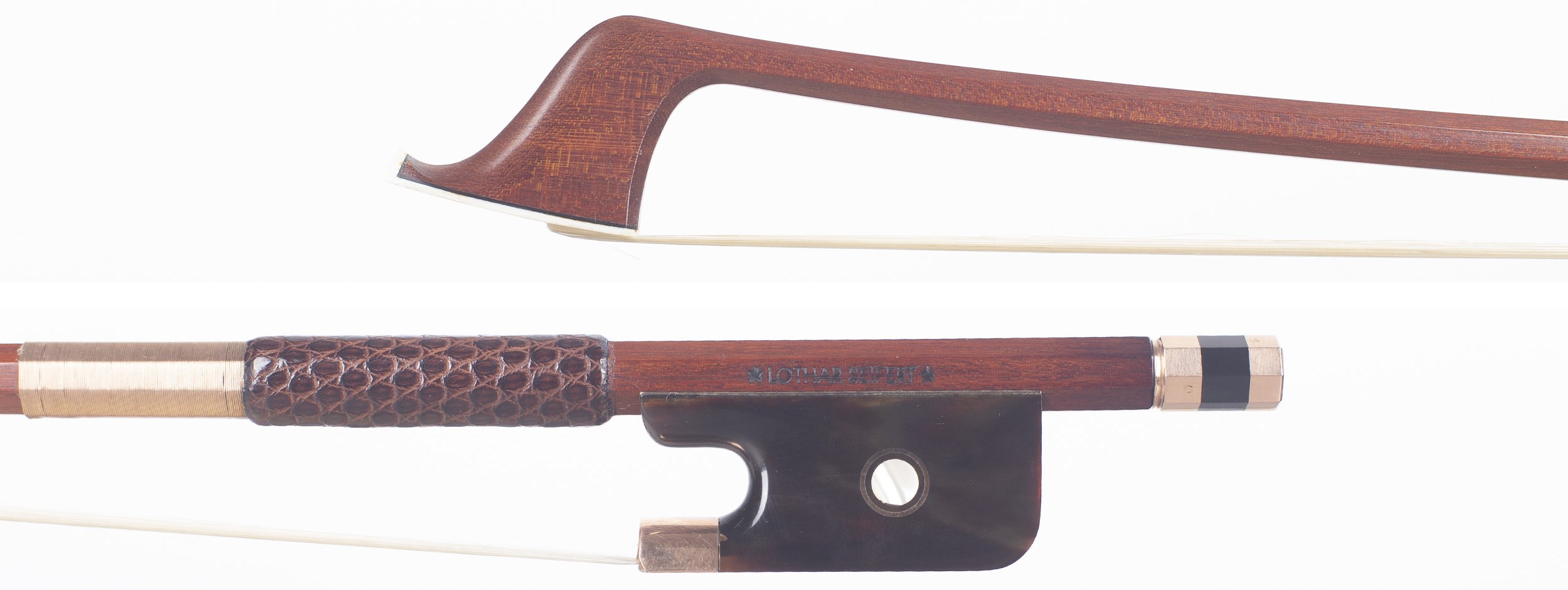 A gold-mounted cello bow by Lothar Seifert — head and frog
