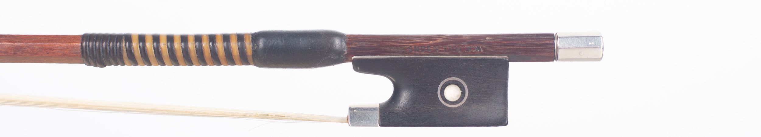 A silver-mounted violin bow by W. E. Hill & Sons, London — frog