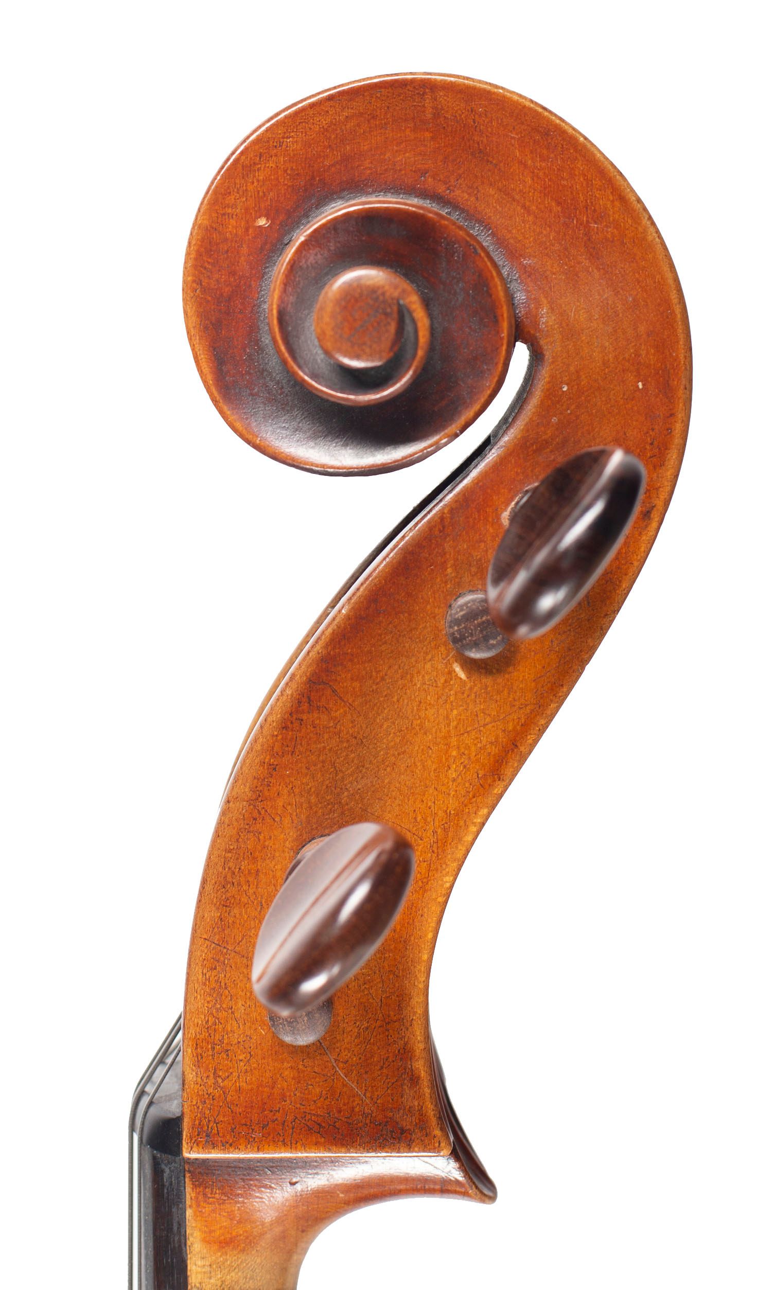 Cello, Workshop of Jérôme Thibouville-Lamy, Mirecourt, circa 1910 — scroll