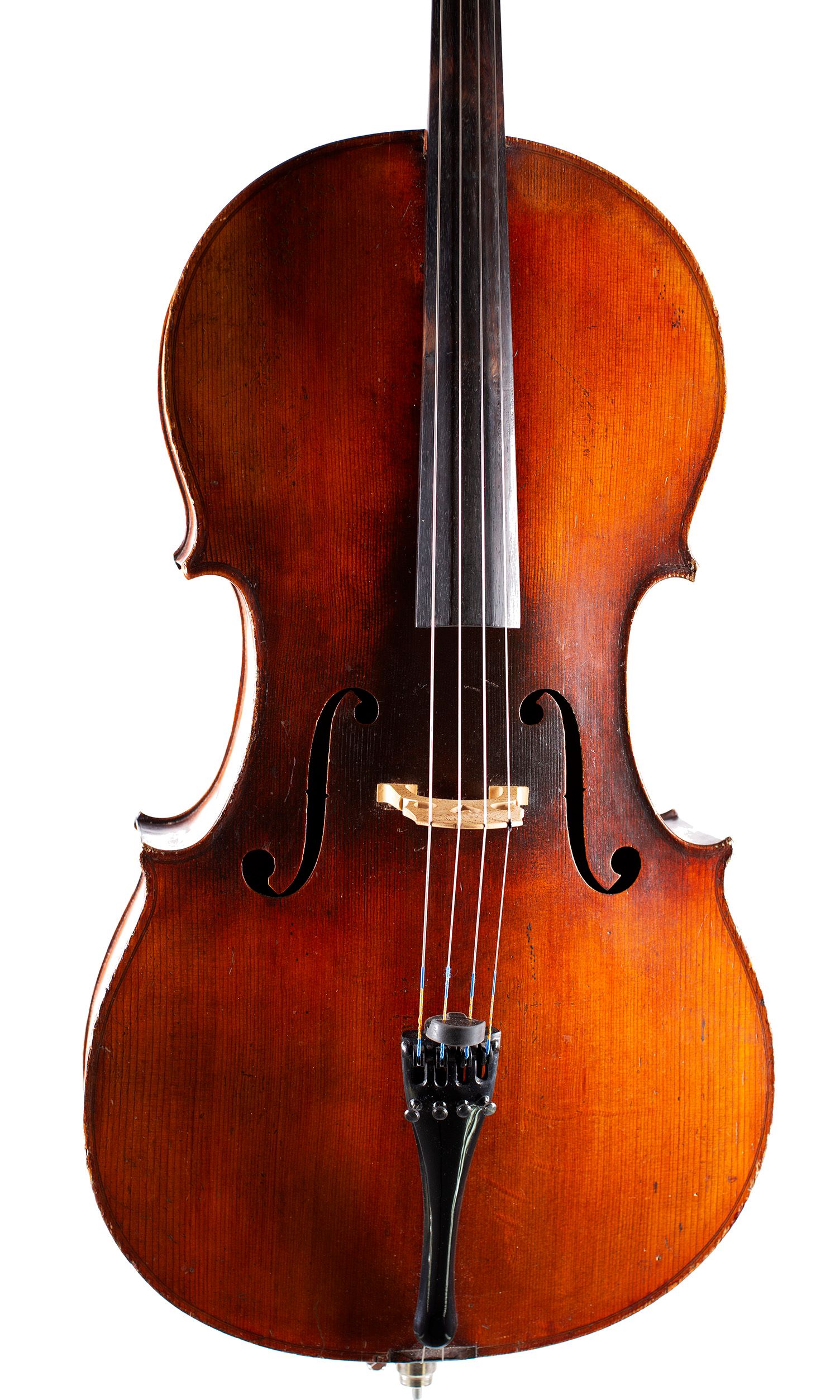 Cello, Workshop of Jérôme Thibouville-Lamy, Mirecourt, circa 1910 — angled view, 10°
