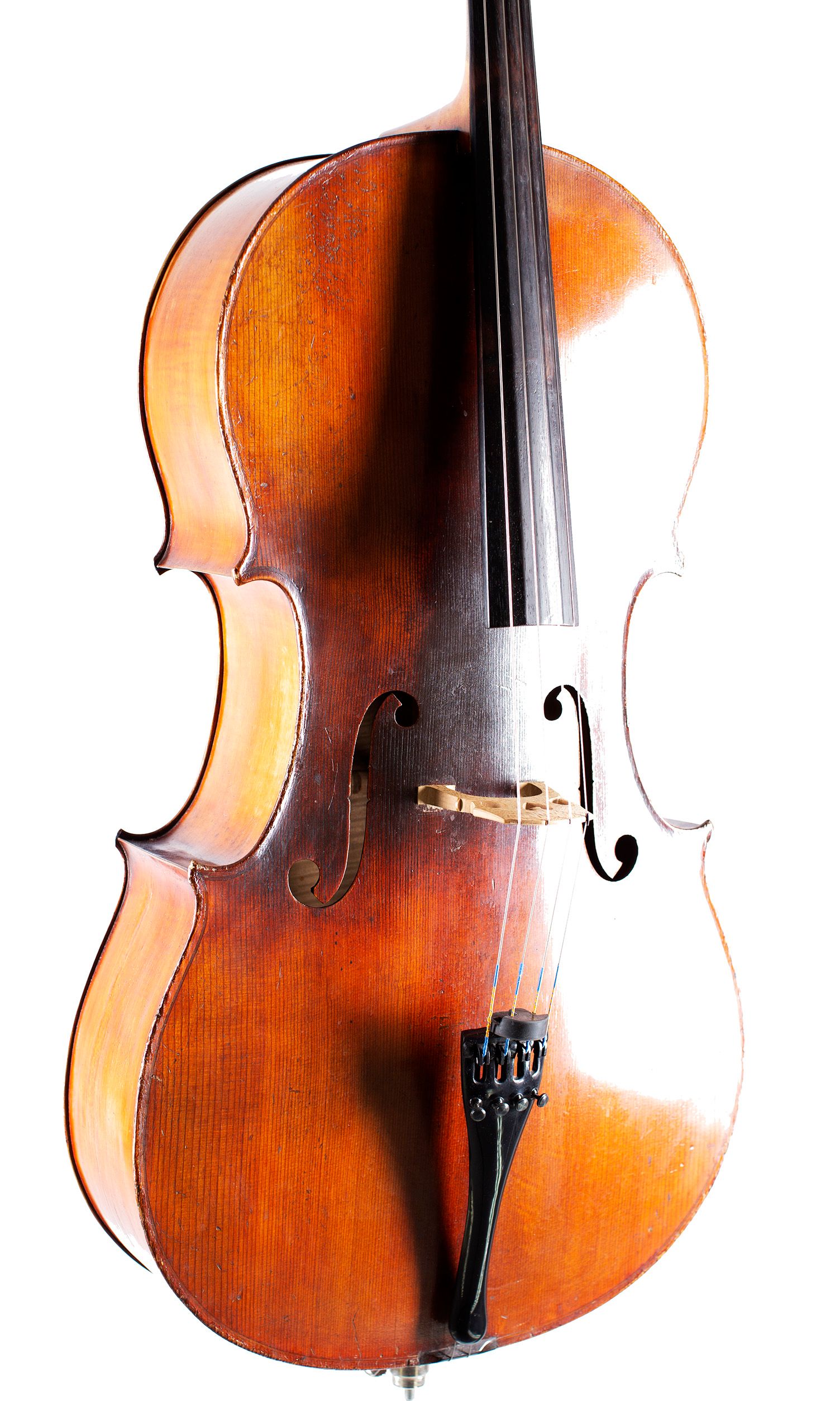 Cello, Workshop of Jérôme Thibouville-Lamy, Mirecourt, circa 1910 — angled view, 30°