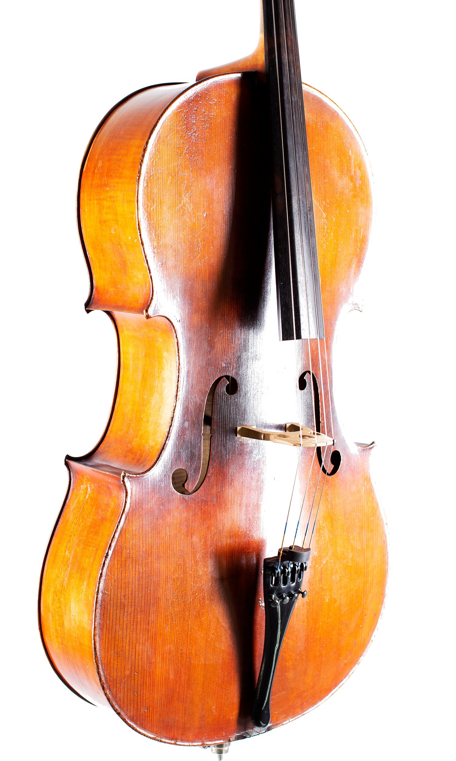 Cello, Workshop of Jérôme Thibouville-Lamy, Mirecourt, circa 1910 — angled view, 40°