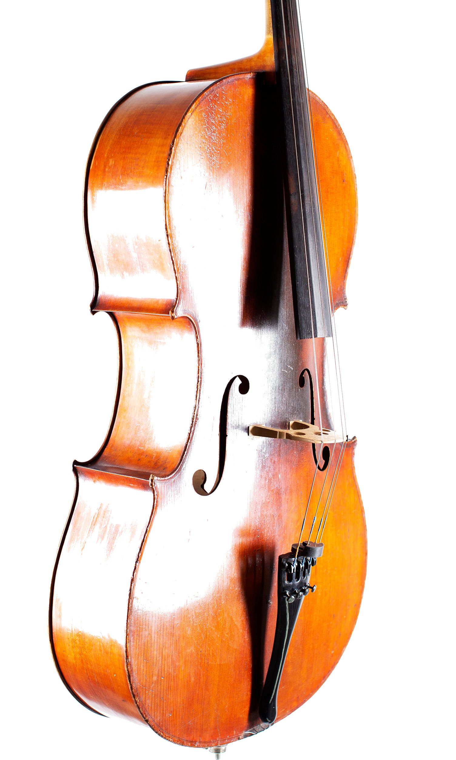 Cello, Workshop of Jérôme Thibouville-Lamy, Mirecourt, circa 1910 — angled view, 50°