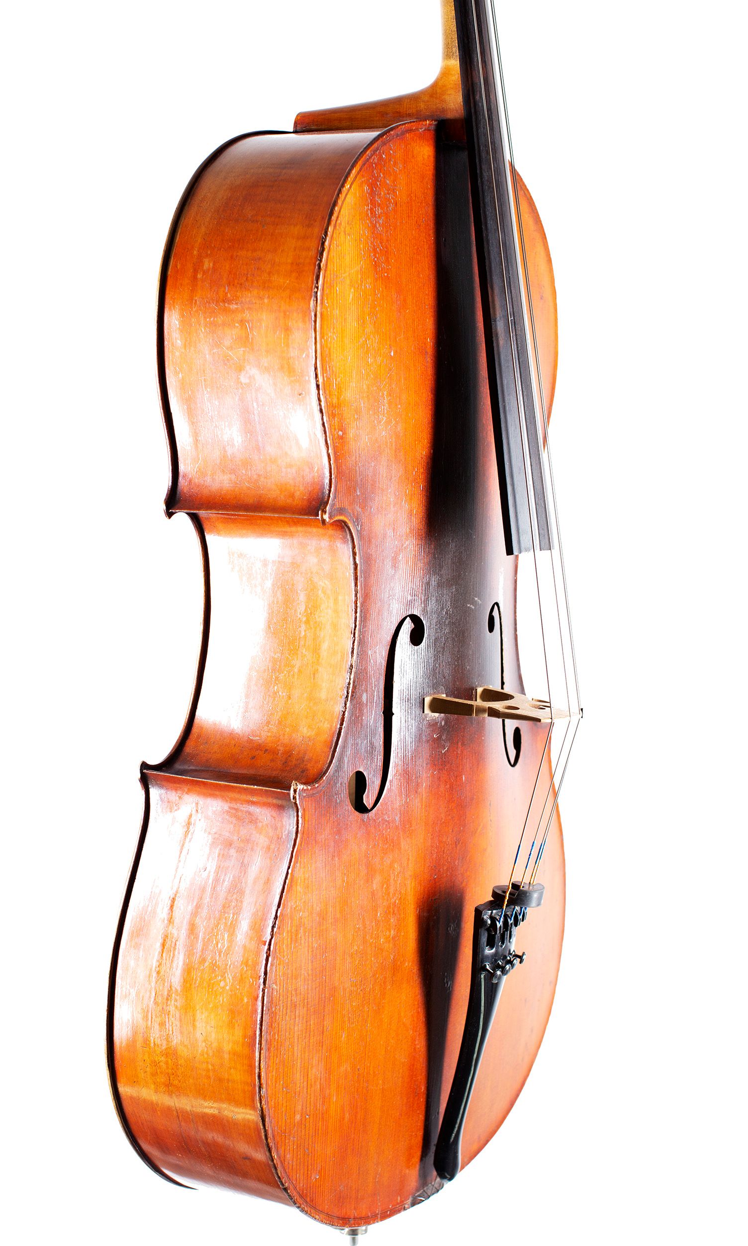 Cello, Workshop of Jérôme Thibouville-Lamy, Mirecourt, circa 1910 — angled view, 60°