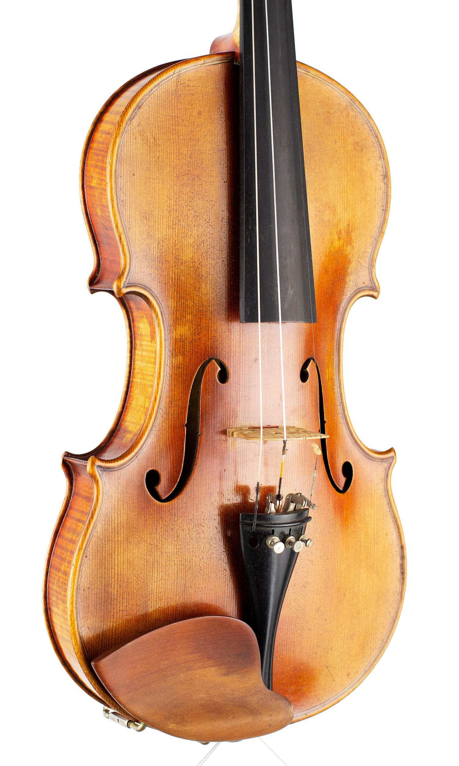 Violin by Ernst Reinhold Schmidt, Markneukirchen, circa 1920 — angled view, 30°