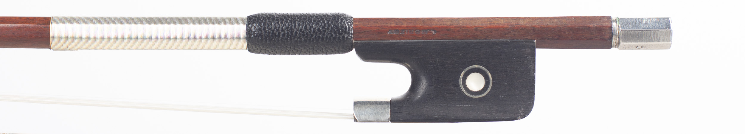A nickel-mounted violin bow by Louis Morizot (freres), Mirecourt, 1950 — frog