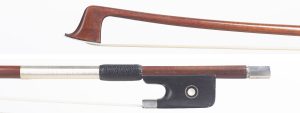 A nickel-mounted violin bow by Louis Morizot (freres), Mirecourt, 1950 — head and frog