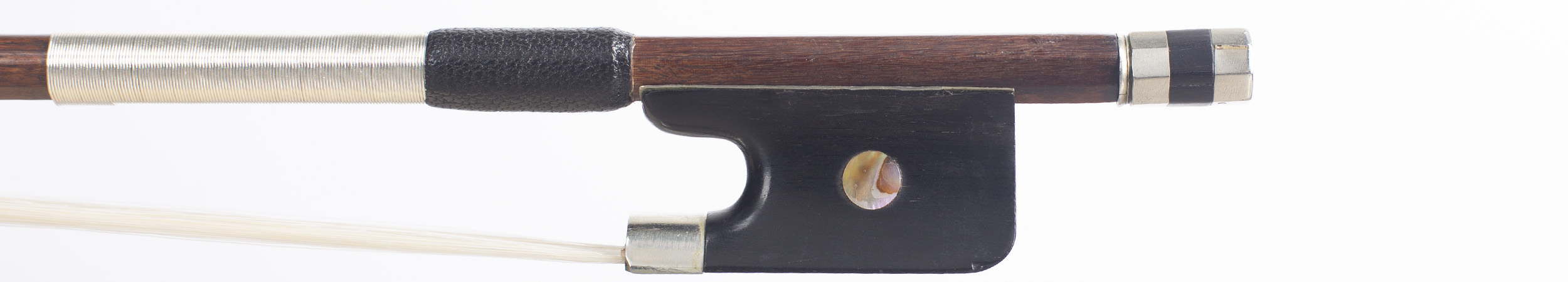 A nickel-mounted cello bow by Eugene Cuniot (Cuniot-Hury), France, 1910 — frog