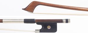 A nickel-mounted cello bow by Eugene Cuniot (Cuniot-Hury), France, 1910 — head and frog
