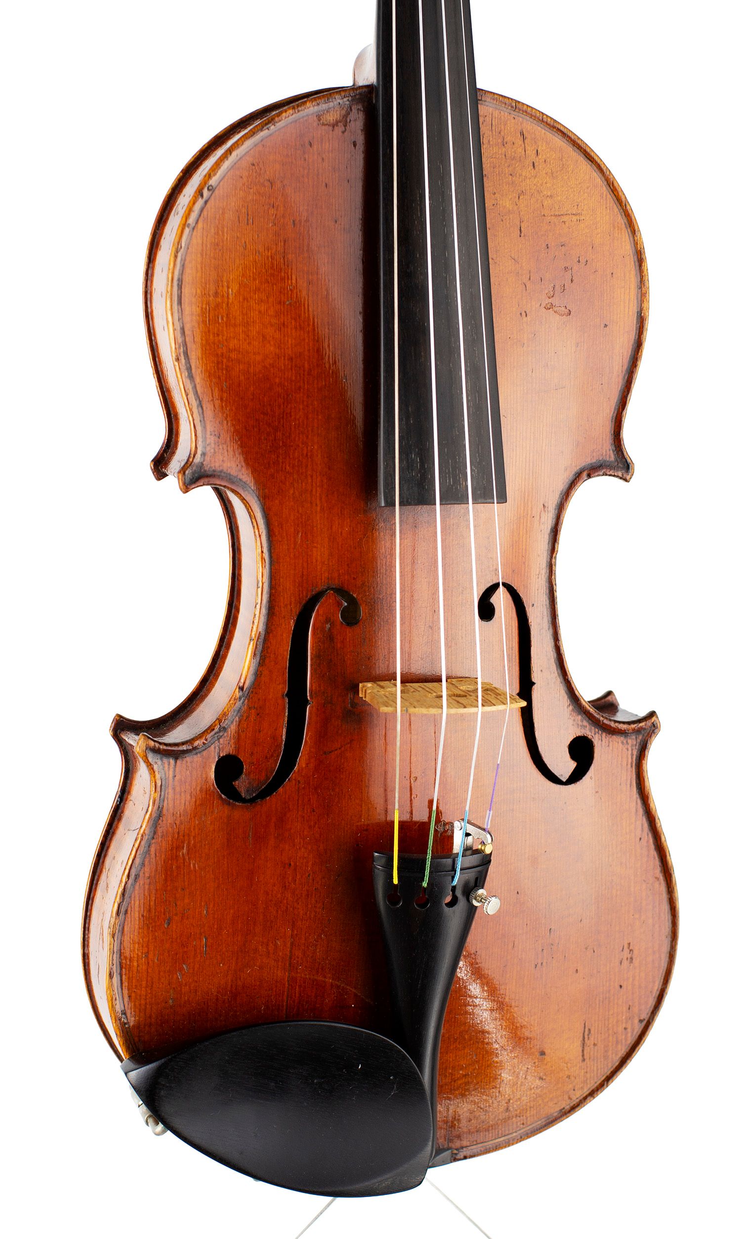 Violin, Workshop of Jules Grandjon, Mirecourt, circa 1880 — angled view, 20°