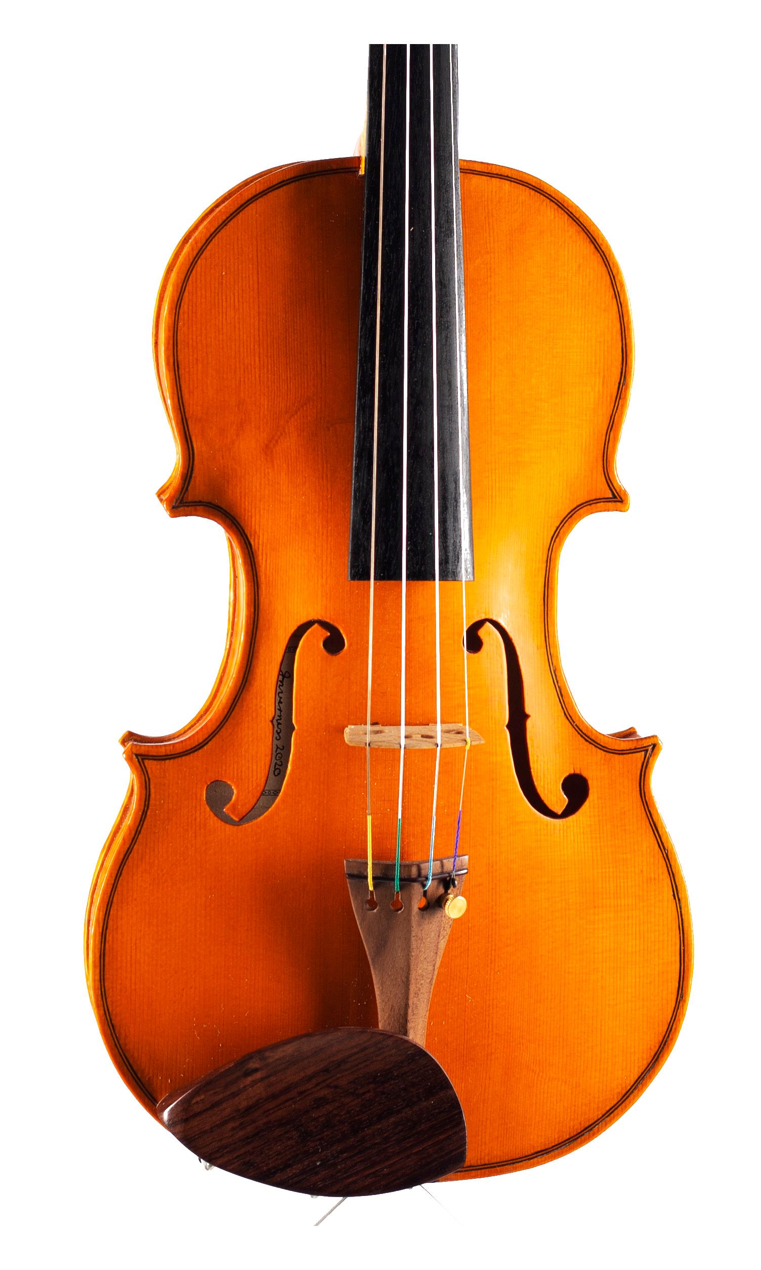 A violin by John Standen, Inverness, 2020 — angled view, 10°