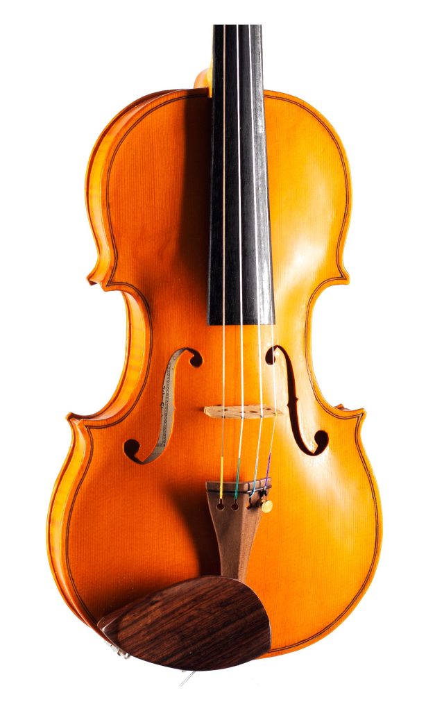 A violin by John Standen, Inverness, 2020 — angled view, 20°