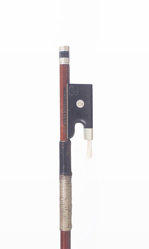 A nickel-mounted violin bow by Otto Dürrschmidt, Germany — frog detail