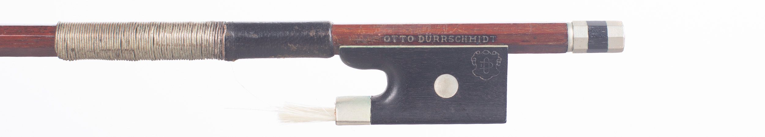 A nickel-mounted violin bow by Otto Dürrschmidt, Germany — frog