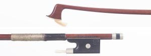 A nickel-mounted violin bow by Otto Dürrschmidt, Germany — head and frog