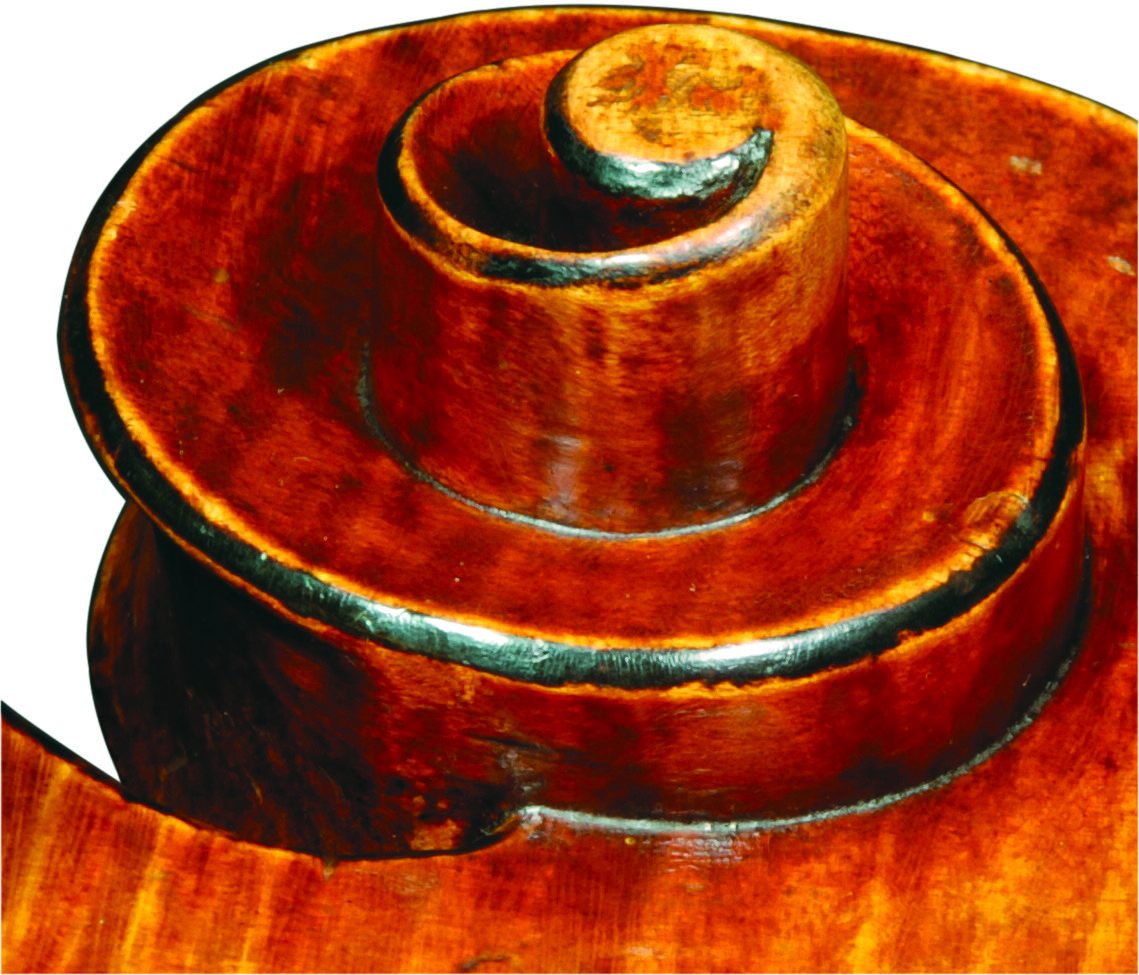 Eye of the scroll of the ‘Archinto’ Stradivari cello showing the blackened chamfers